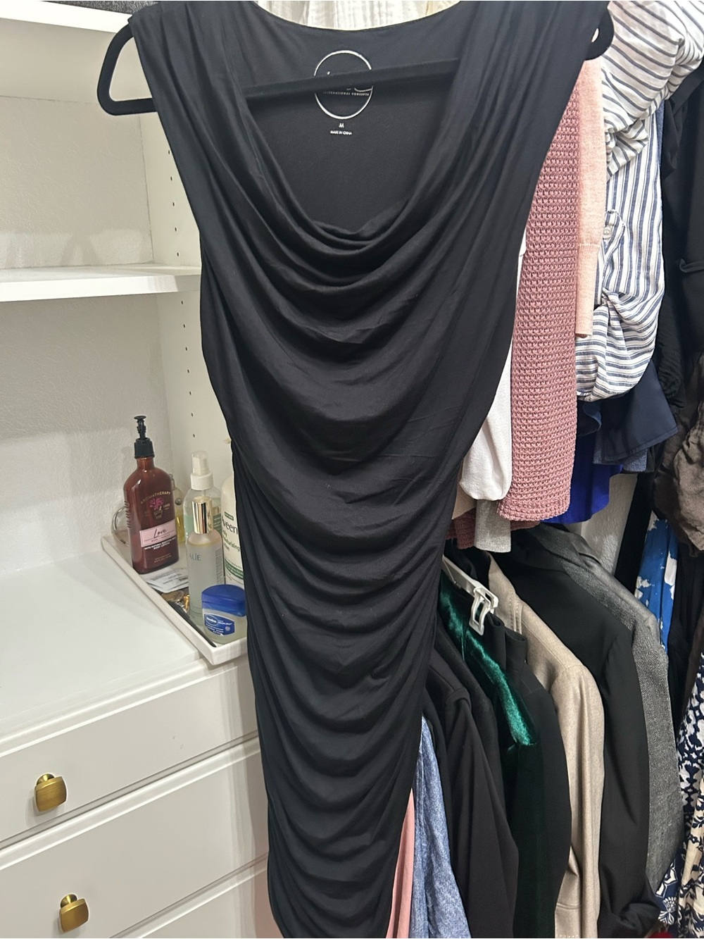 INC International Concepts Black Asymmetrical Drape Dress